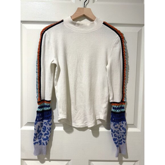 Free People Switch It Up Boho Thermal Top White Striped Crochet Sleeve - Picture 4 of 14